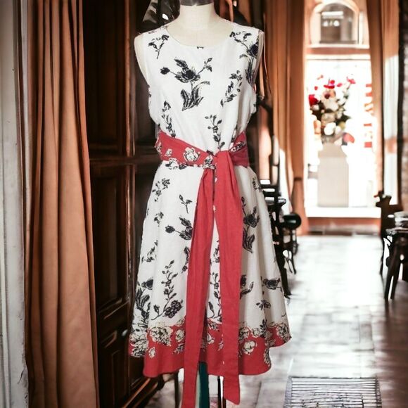 Yaly Couture Romantic Tomato Girl Floral Sleeveless Linen Midi Dress with Sash - Picture 2 of 10